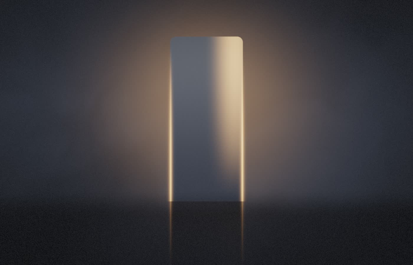 An edge-lit monolith standing on a dark reflective floor.