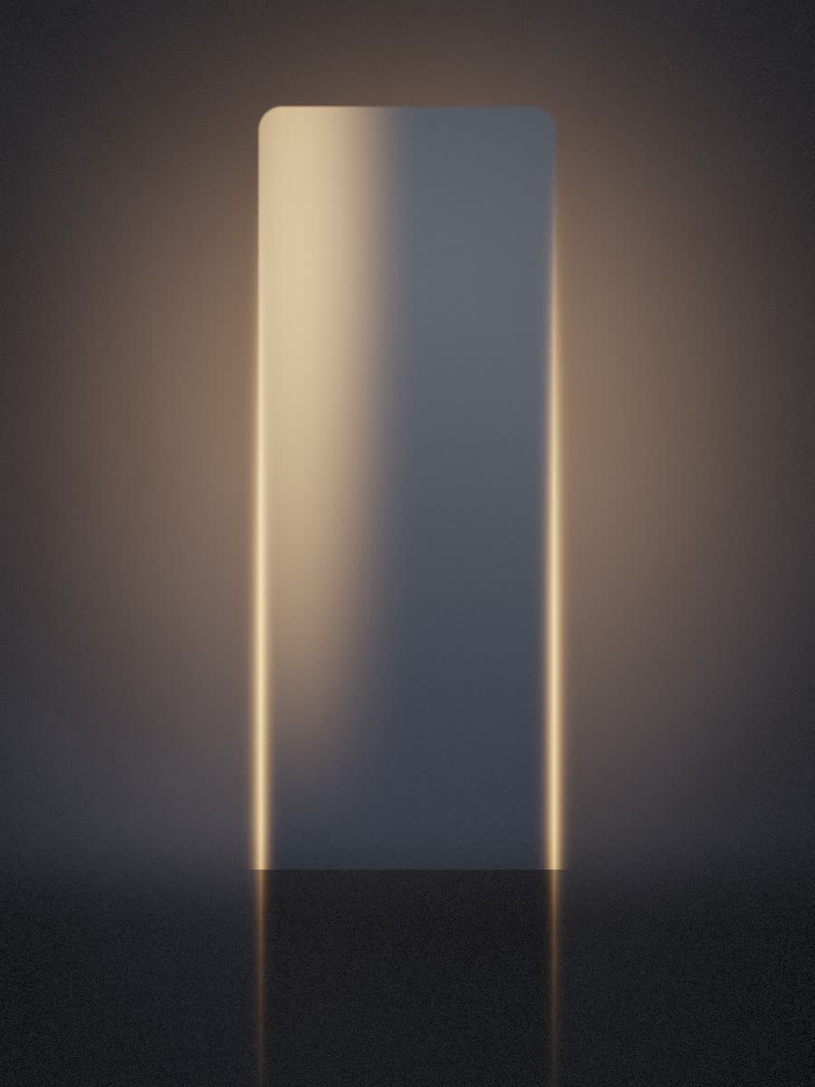 An edge-lit slab standing on a mirrored floor.