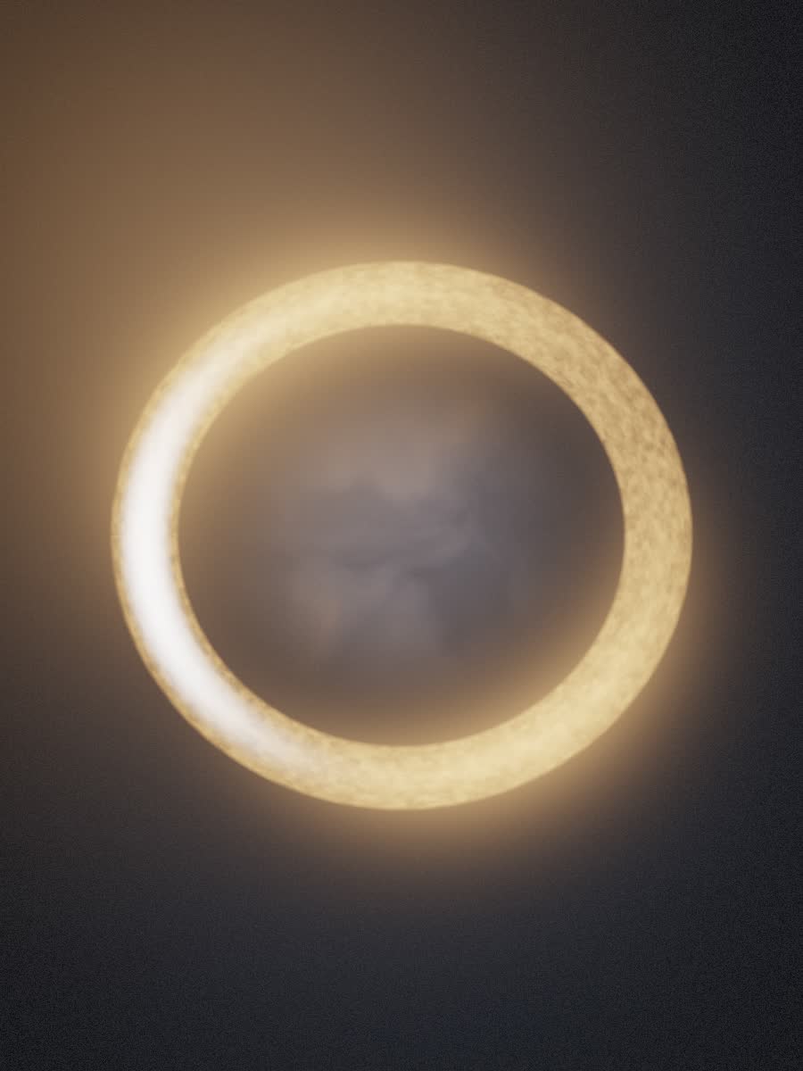 The finished AETHER ONE ring glowing warmly in a studio void.